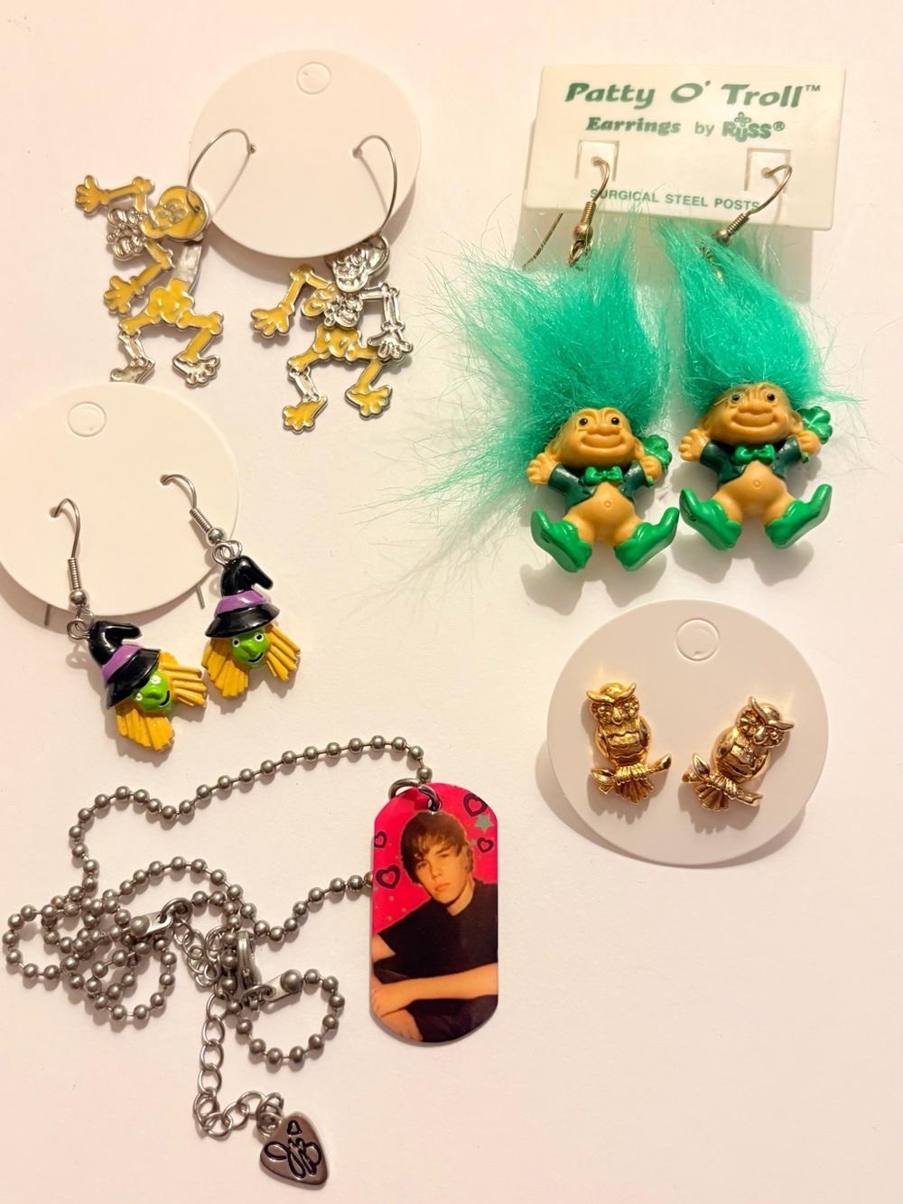 Russ Patty O' Troll Green Hair Dangle Earrings - Bright Green & Necklace
